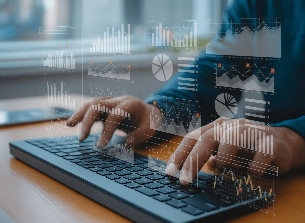 Hands typing on a keyboard with floating analytics dashboards showing inventory charts, metrics, and error indicators.